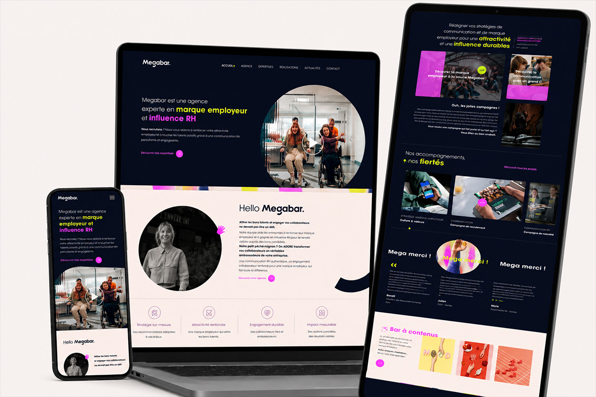Site web responsive Megabar affiché sur mobile, tablette et ordinateur